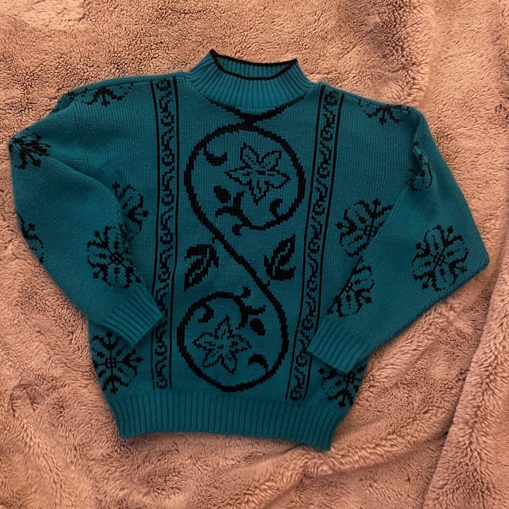 Turquoise Mid Turtle Neck Sweater with Black Flowers